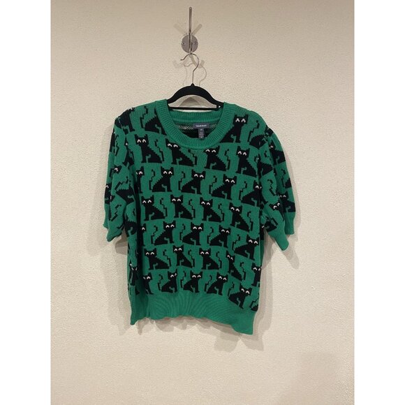 ModCloth Sweater Womens 3X Green Short Sleeve Cat Knit Graphic Pullover Crewneck - Picture 2 of 4